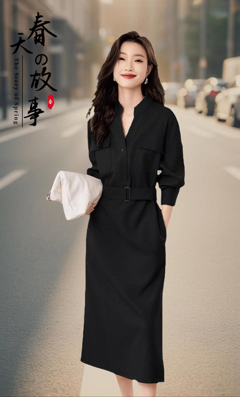 谁懂啊家人们,这件2025春最火的复古黑色长袖衬衫裙,工装风